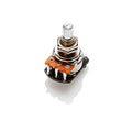 Small rotary potentiometer with silver shaft and orange base with three solder lugs.