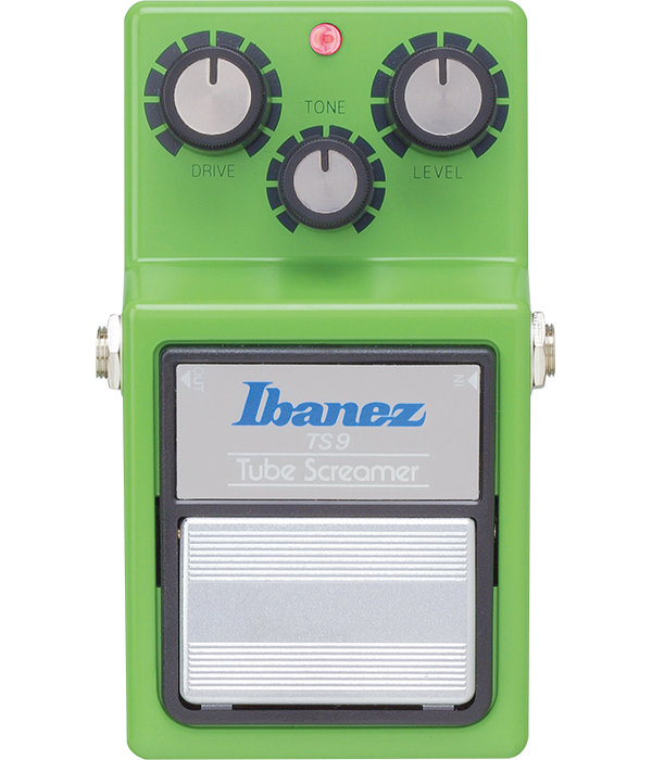 Green Ibanez TS9 Tube Screamer guitar effects pedal with three knobs and one footswitch.