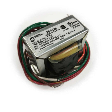Metal-cased Hammond 261D6 power transformer with multiple colored attached wires and visible label text.