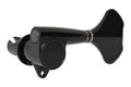 Black metal bass guitar tuning machine with a clover-shaped tuning key and gold accent ring.