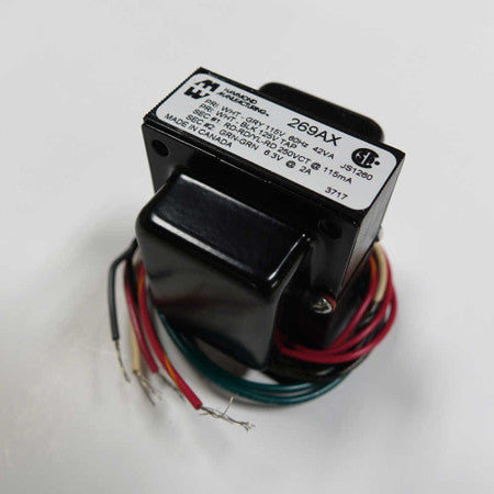 Black Hammond 269AX transformer with multiple colored wires and label showing electrical specifications.