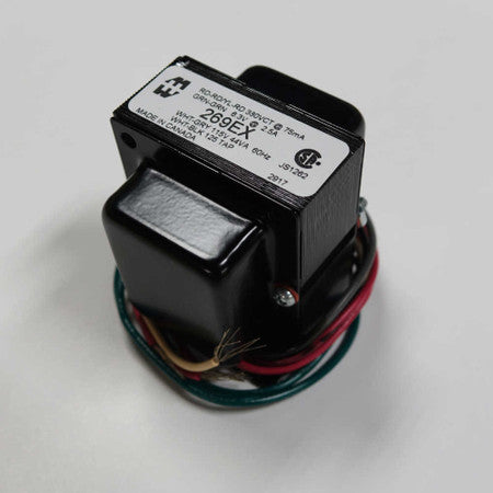 Black power transformer with wires and label showing specifications including model 269EX-L.