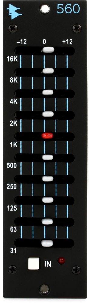 Front panel of a black audio equalizer module with multiple frequency sliders and an input button.