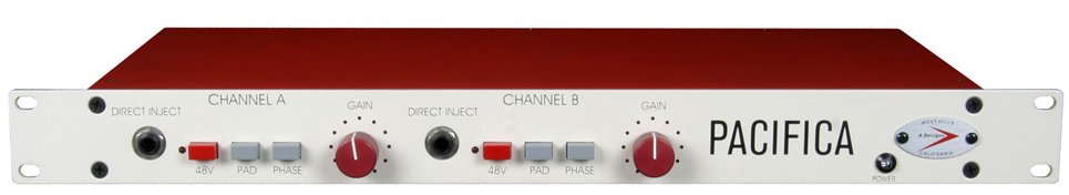 Front panel of a rackmount audio device labeled PACIFICA with controls and 1/4 inch jacks for two channels.