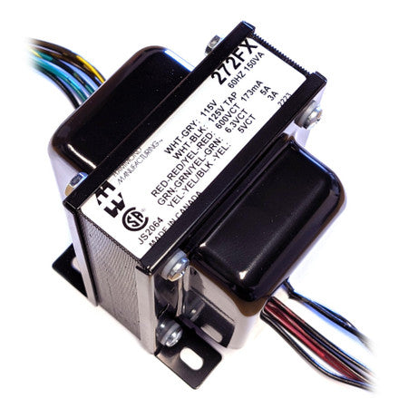 Black power transformer with multiple colored wires and a white label showing electrical specifications.