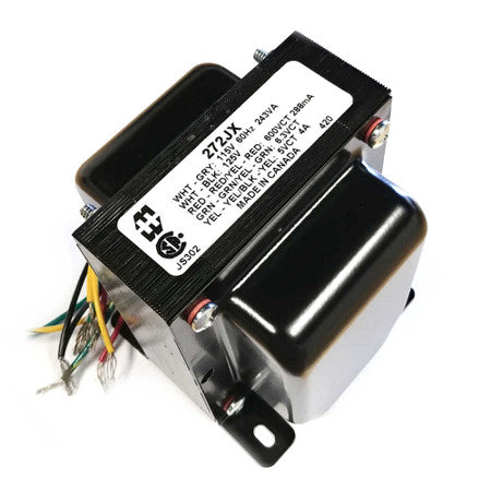 Black transformer with multiple colored wire leads and a white label showing model 272JX and electrical information.