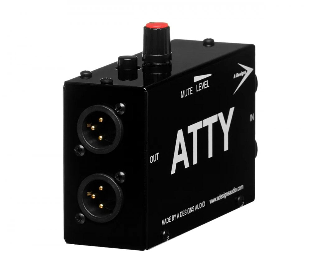 Black audio device with two XLR connectors, a red-topped rotary knob, and a black push button.
