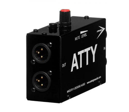 Black audio device with two XLR connectors, a red-topped rotary knob, and a black push button.