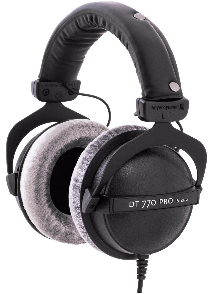 Black over-ear headphones with padded headband and gray fabric ear cushions, labeled DT 770 PRO 80 OHM.