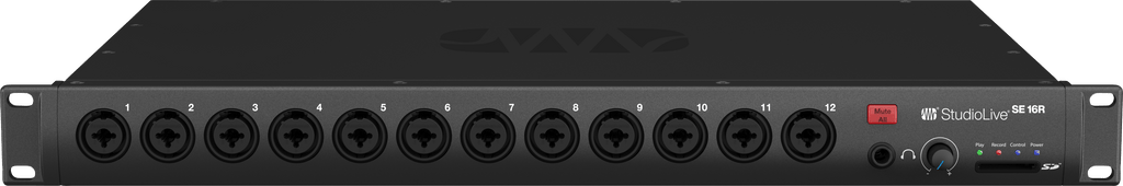 Front panel of a black Presonus StudioLive SE 16R audio mixer with 12 combo input jacks, mute button, headphone jack, volume knob, and SD card slot.