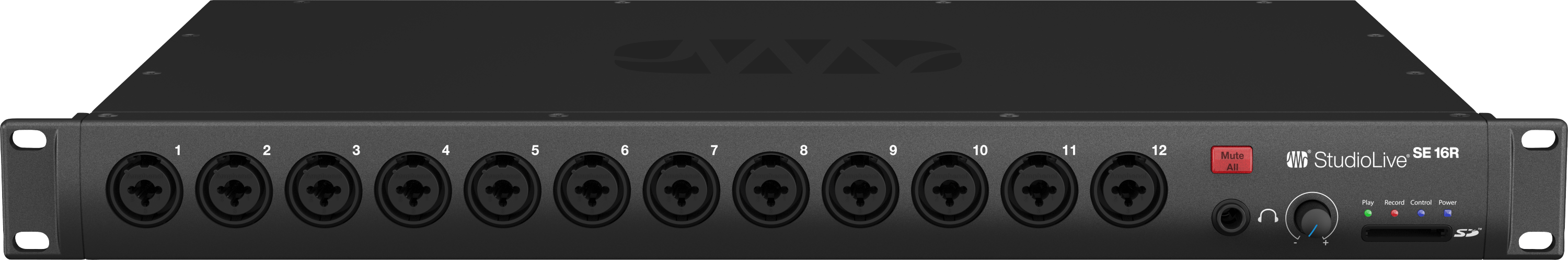 Front panel of a black Presonus StudioLive SE 16R audio mixer with 12 combo input jacks, mute button, headphone jack, volume knob, and SD card slot.