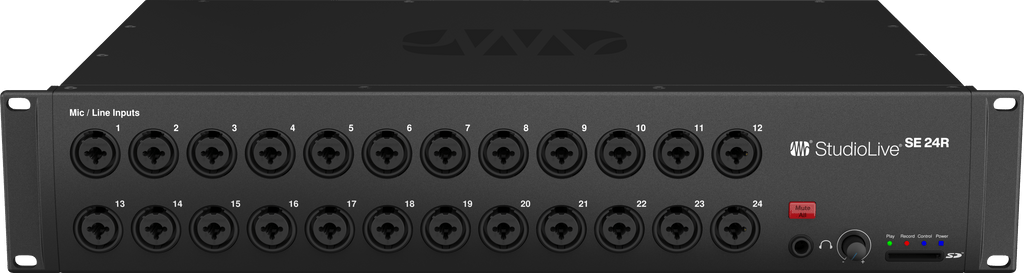 Front panel of a black StudioLive SE 24R audio interface with 24 combo input jacks, buttons, headphone jack, and indicator LEDs.