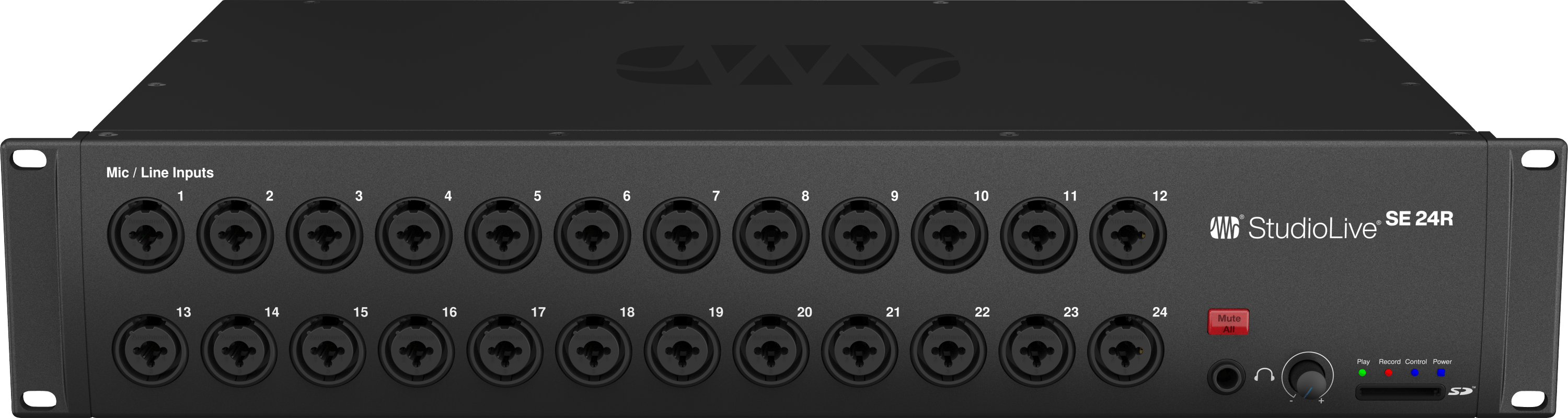 Front panel of a black StudioLive SE 24R audio interface with 24 combo input jacks, buttons, headphone jack, and indicator LEDs.