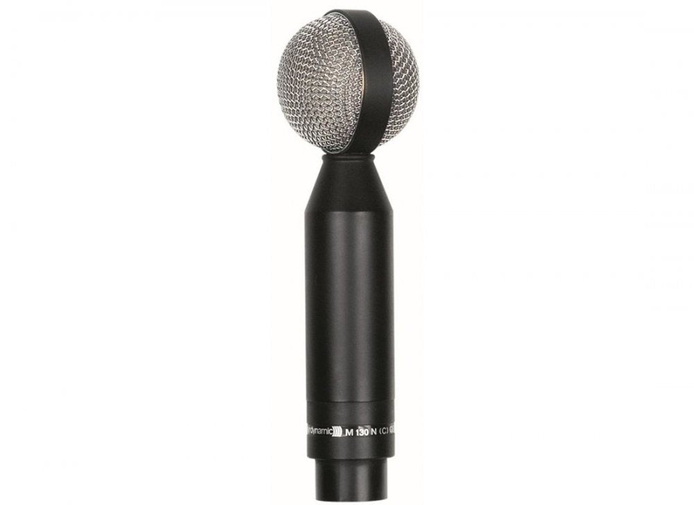 Black cylindrical microphone with spherical silver mesh head and XLR connector at the base.