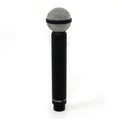Black handheld microphone with a silver spherical wire mesh grille on top and cylindrical body below.