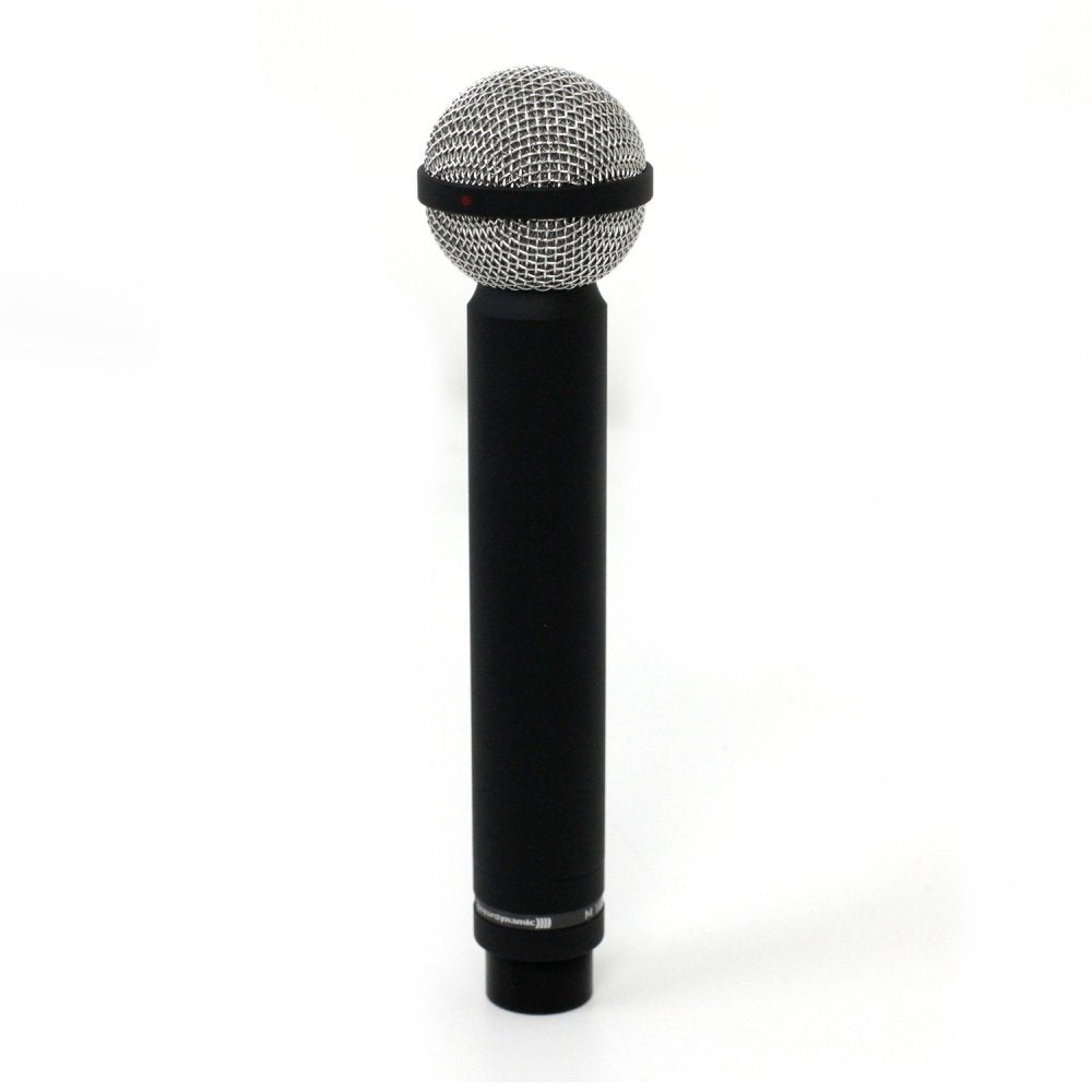 Black handheld microphone with a silver spherical wire mesh grille on top and cylindrical body below.