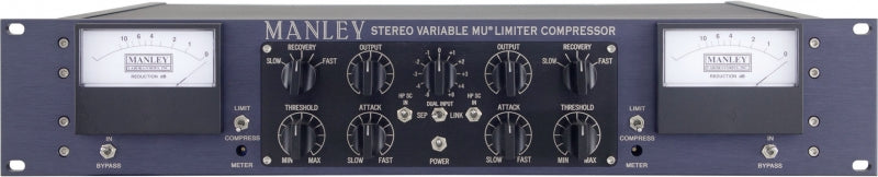 Front panel view of a Manley stereo variable MU limiter compressor with knobs, switches, and meters on black metal casing.