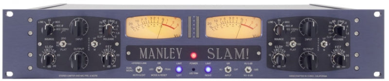 Front panel of a MANLEY SLAM! audio compressor/limiter with knobs, meters, and indicator lights.