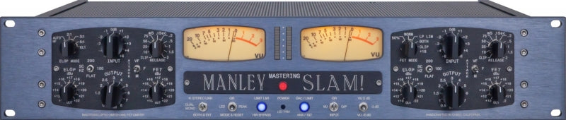 Front panel of a Manley Labs SLAM! mastering audio processor with knobs, switches, meters, and indicator lights.