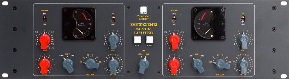 Front panel of a Chandler Limited EMI TG12413 Zener Limiter audio processor with knobs, meters, and switches.