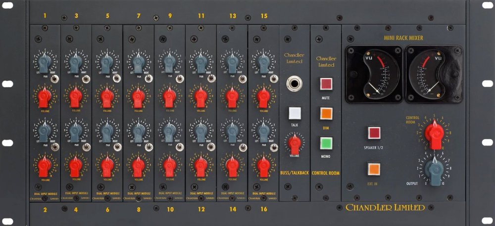 Black rackmount audio mixer panel with 16 dual input channels, rotary knobs, buttons, meter displays, and quarter inch jack plug.