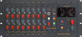Black rackmount audio mixer panel with 16 dual input channels, rotary knobs, buttons, meter displays, and quarter inch jack plug.