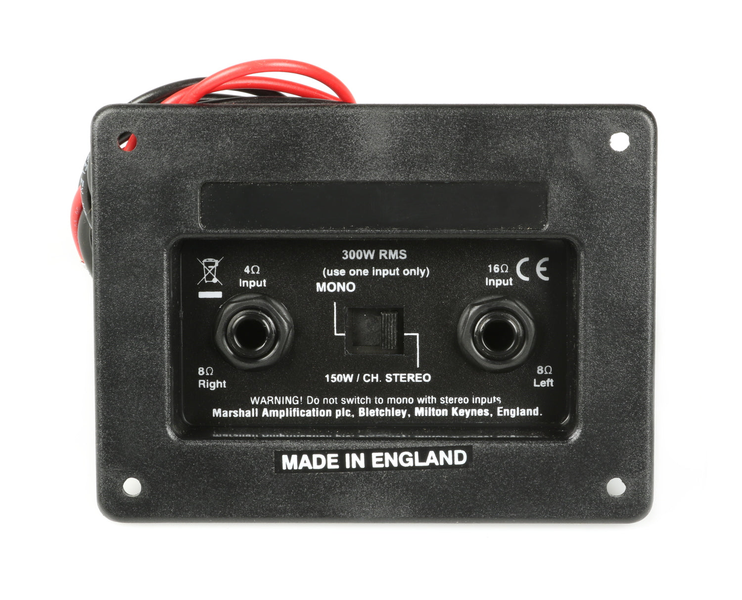 Black metal plate with two 1/4 inch jack sockets and a toggle switch labeled for mono and stereo use.