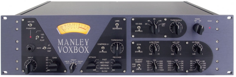 Front panel of a MANLEY VOXBOX audio preamp and DI with multiple knobs, switches, and a needle meter display.