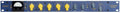 Blue rack-mount audio compressor unit with yellow knobs and a small analog meter on the front panel.