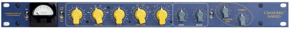 Blue rack-mount audio compressor unit with yellow knobs and a small analog meter on the front panel.