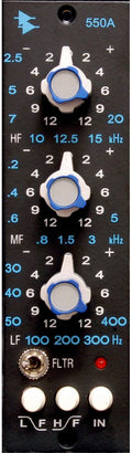 Close-up of a black equalizer panel with three rotary knobs, a toggle switch, three push buttons, and a red indicator light.