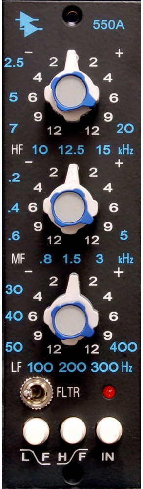 Close-up of a black equalizer panel with three rotary knobs, a toggle switch, three push buttons, and a red indicator light.