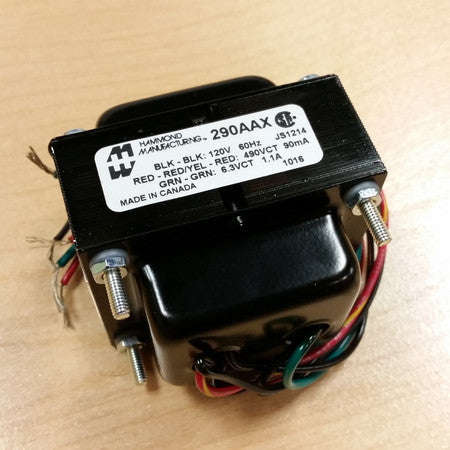 Black Hammond power transformer with multiple colored wires and a product label on top.