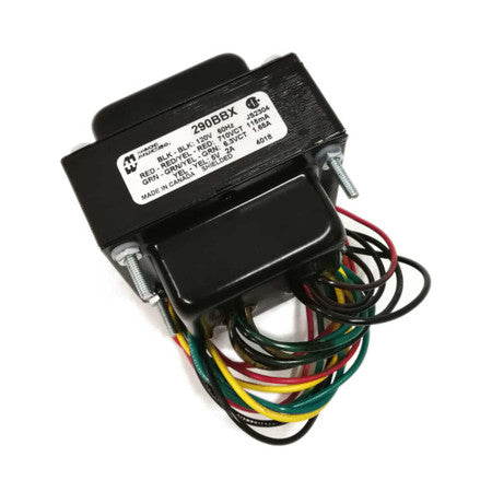 Black transformer with multiple colored wires and a label showing model number 290BBX and electrical specifications.