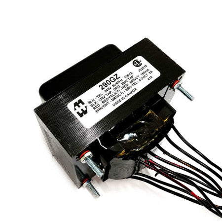 Black metal transformer with multiple wires and a white label showing electrical specifications and model number 290GZ.