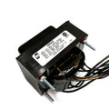 Black power transformer with multiple colored wires and a white label showing specifications and brand info.