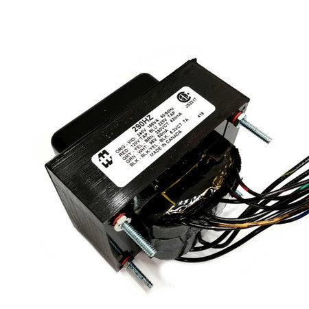 Black power transformer with multiple colored wires and a white label showing specifications and brand info.