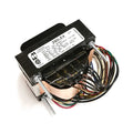 Black rectangular transformer with multiple color-coded wires and a label showing model 290LEX and electrical specifications.