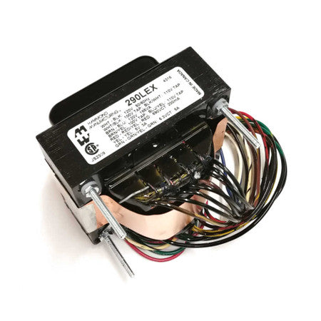 Black rectangular transformer with multiple color-coded wires and a label showing model 290LEX and electrical specifications.
