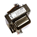 Metal power transformer with multiple insulated wire leads and a product label showing technical specifications.