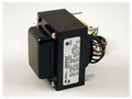 Black rectangular power transformer with multiple colored wires and a white label showing model and electrical specifications.