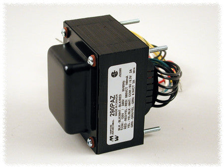 Black rectangular power transformer with multiple colored wires and a white label showing model and electrical specifications.