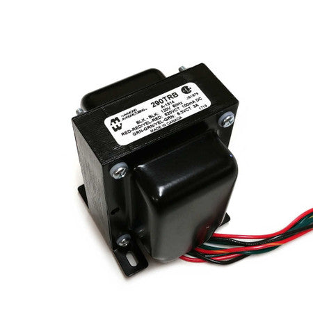 Black power transformer with color-coded wires and a white label showing model and wiring details.