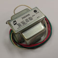Metal transformer labeled 290WX with several colored wires including black, white, red, and green attached.