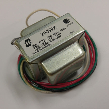 Metal transformer labeled 290WX with several colored wires including black, white, red, and green attached.