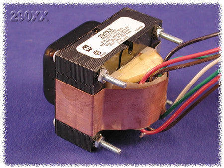 Copper-wound power transformer with multiple colored wire leads and mounting bolts on a purple surface.