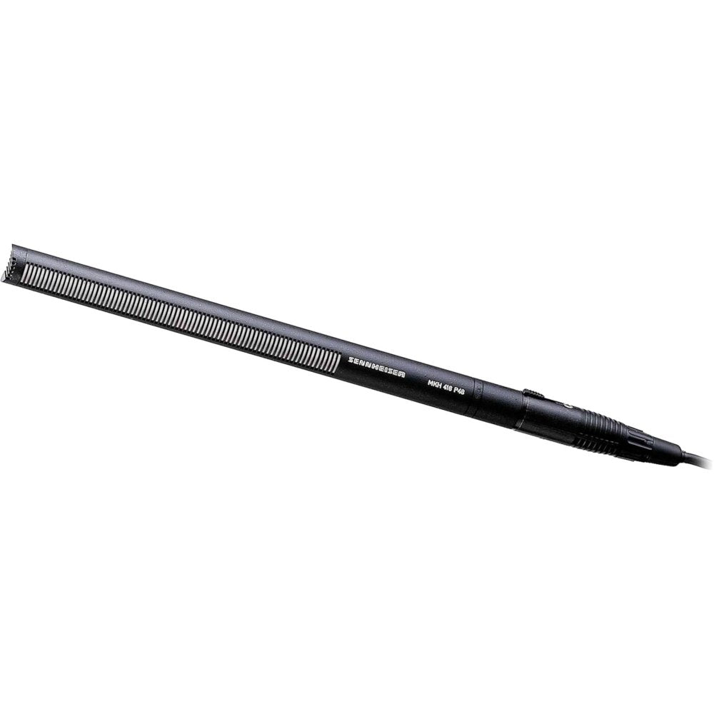 Black shotgun microphone with ventilation slots and attached cable connector on a white background.
