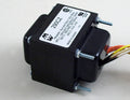 Black rectangular power transformer with label and multiple colored wires extending from one side.