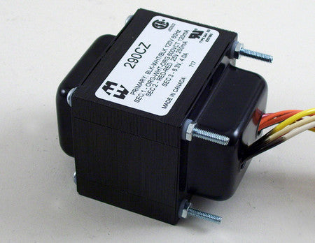 Black rectangular power transformer with label and multiple colored wires extending from one side.