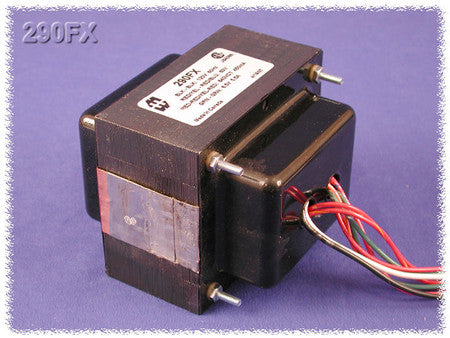 Black rectangular power transformer with multiple colored wire leads and label reading 290FX on purple background.